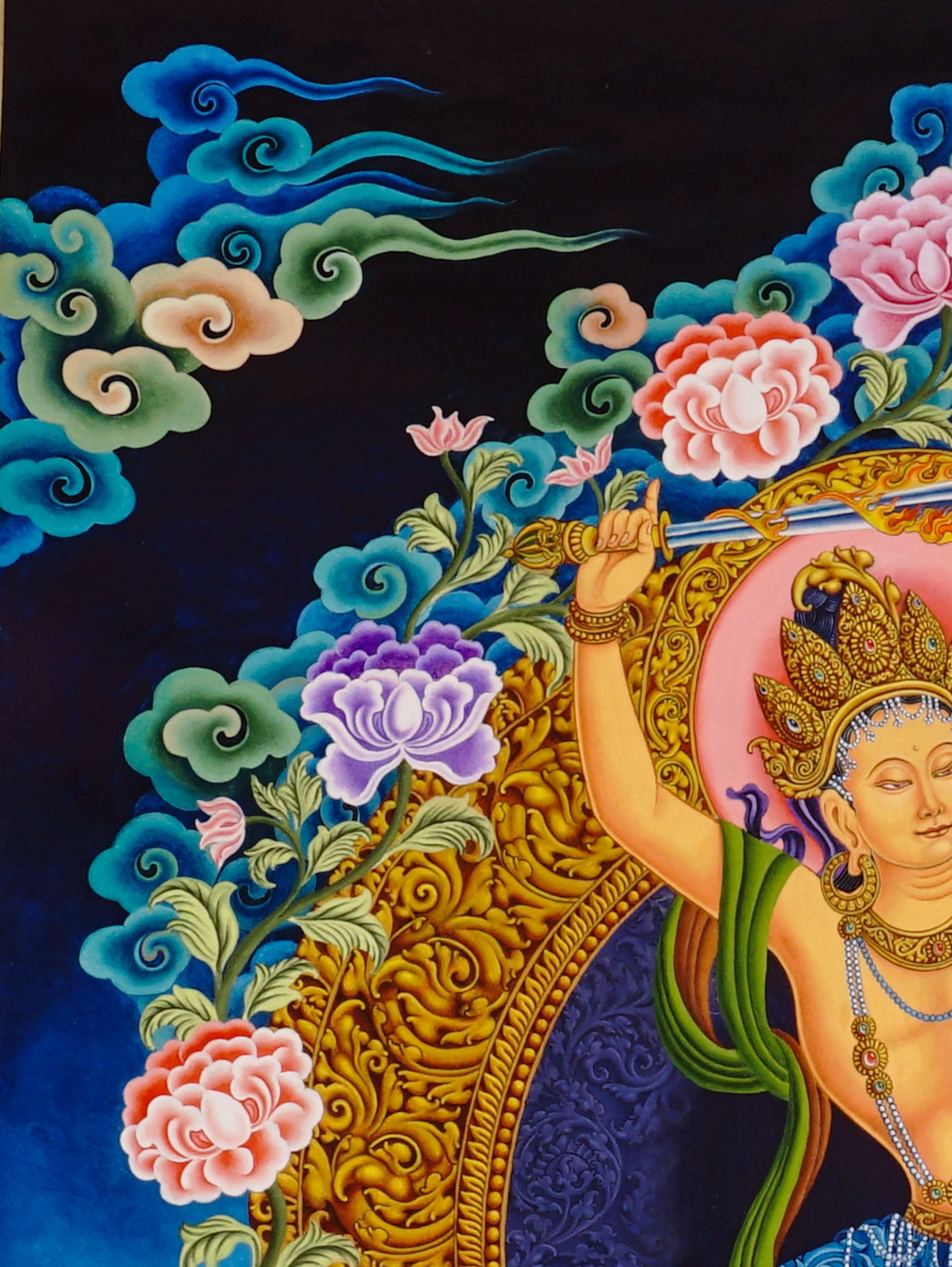 Newari Manjushree thangka depicting the Bodhisattva of Wisdom in dancing posture
