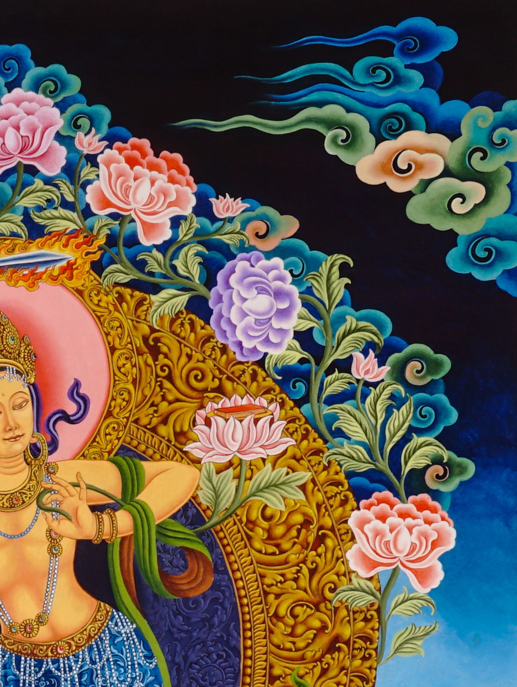 Newari Manjushree thangka depicting the Bodhisattva of Wisdom in dancing posture