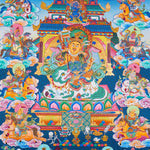Singh Zambhala Thangka Painting showing a Tibetan Buddhist wealth deity seated with lion symbolism, surrounded by palace details, offering bowls, lotus petals, clouds, auspicious symbols and surrounding deity figures.