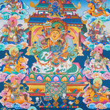 Singh Zambhala Thangka Painting showing a Tibetan Buddhist wealth deity seated with lion symbolism, surrounded by palace details, offering bowls, lotus petals, clouds, auspicious symbols and surrounding deity figures.