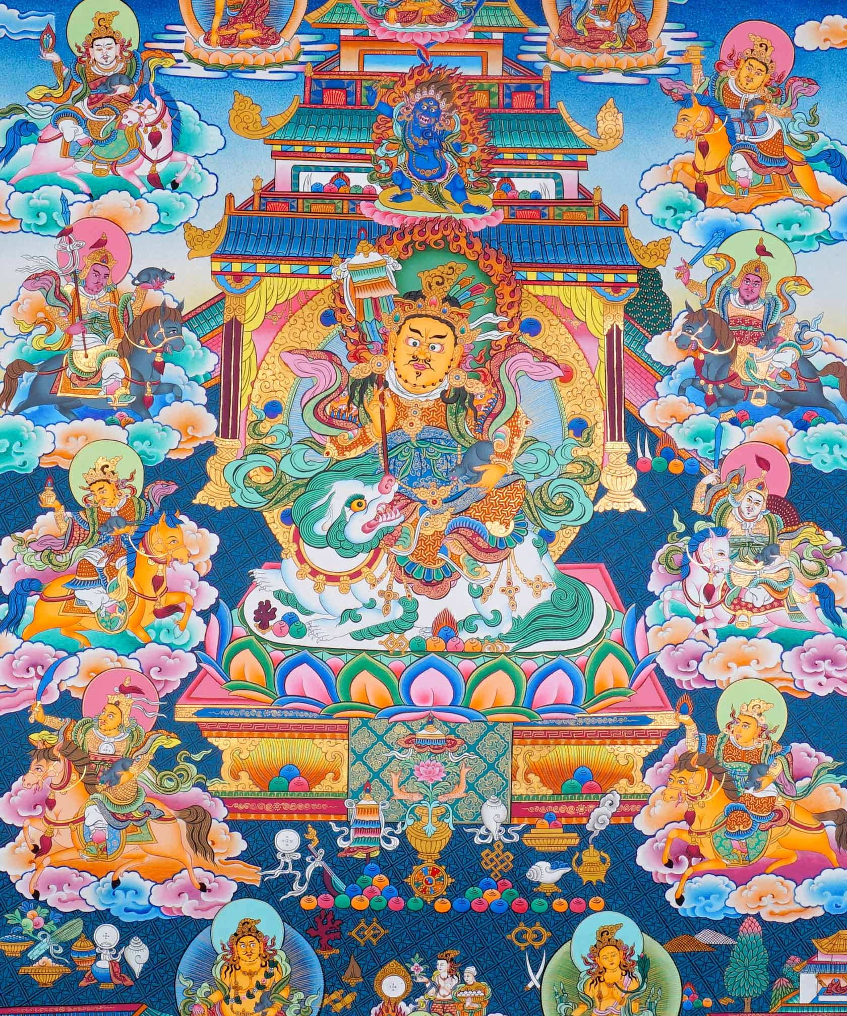 Singh Zambhala Thangka Painting showing a Tibetan Buddhist wealth deity seated with lion symbolism, surrounded by palace details, offering bowls, lotus petals, clouds, auspicious symbols and surrounding deity figures.