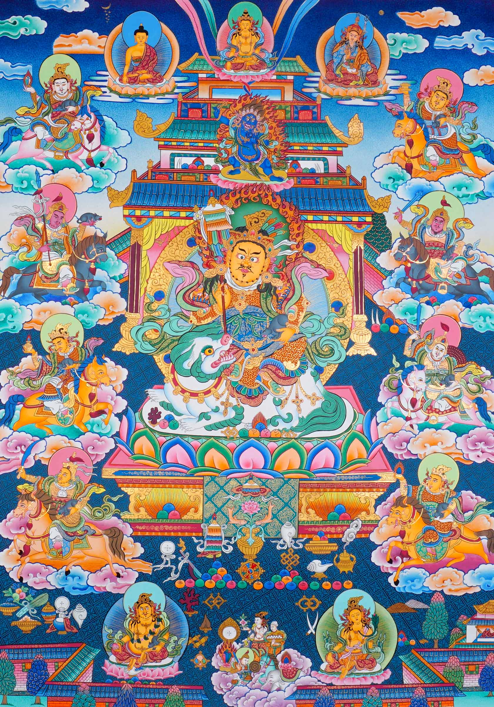 Singh Zambhala Thangka Painting showing a Tibetan Buddhist wealth deity seated with lion symbolism, surrounded by palace details, offering bowls, lotus petals, clouds, auspicious symbols and surrounding deity figures.