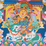 Singh Zambhala Thangka Painting showing a Tibetan Buddhist wealth deity seated with lion symbolism, surrounded by palace details, offering bowls, lotus petals, clouds, auspicious symbols and surrounding deity figures.