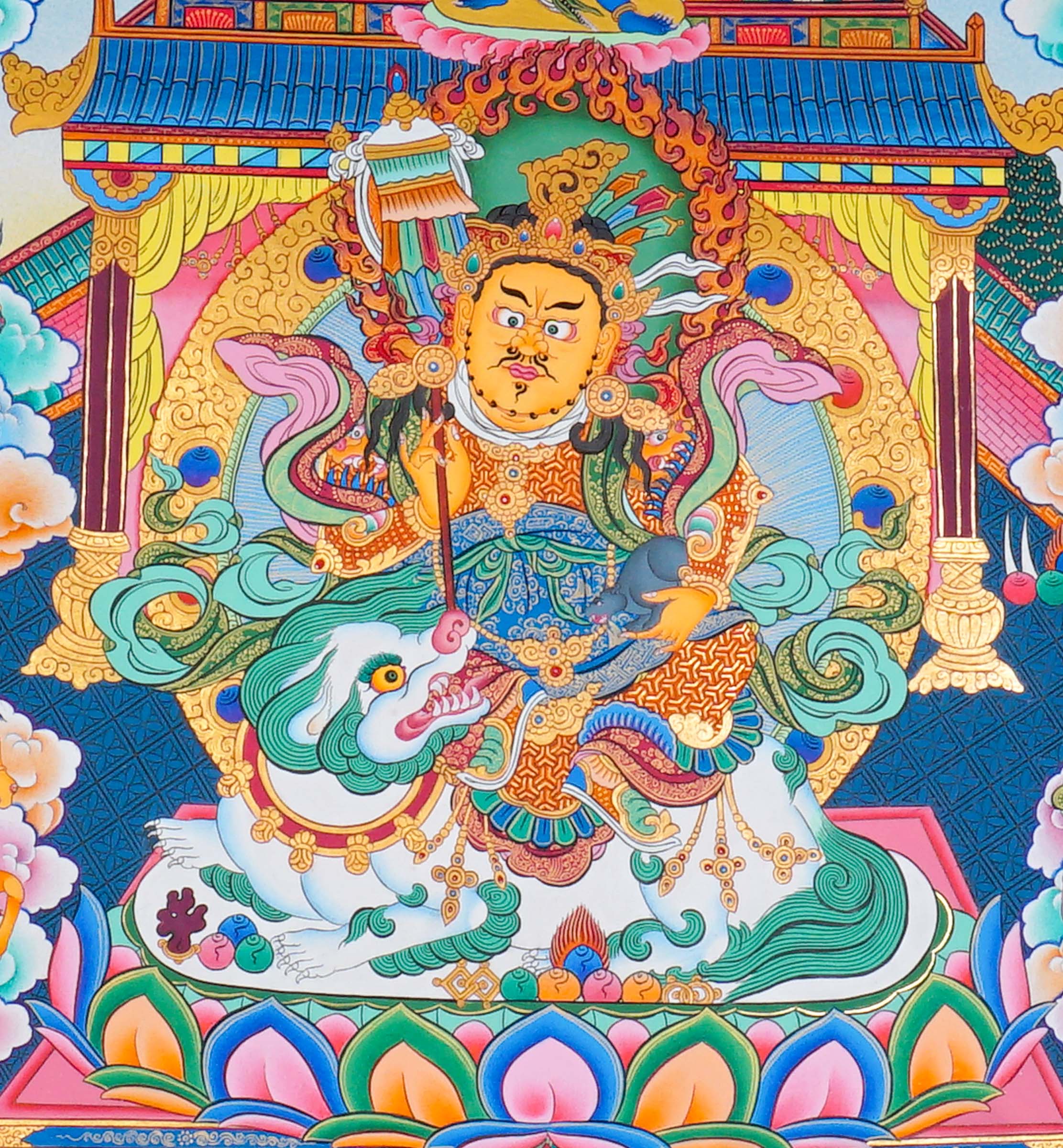 Singh Zambhala Thangka Painting showing a Tibetan Buddhist wealth deity seated with lion symbolism, surrounded by palace details, offering bowls, lotus petals, clouds, auspicious symbols and surrounding deity figures.