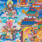 Singh Zambhala Thangka Painting showing a Tibetan Buddhist wealth deity seated with lion symbolism, surrounded by palace details, offering bowls, lotus petals, clouds, auspicious symbols and surrounding deity figures.