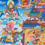 Singh Zambhala Thangka Painting showing a Tibetan Buddhist wealth deity seated with lion symbolism, surrounded by palace details, offering bowls, lotus petals, clouds, auspicious symbols and surrounding deity figures.