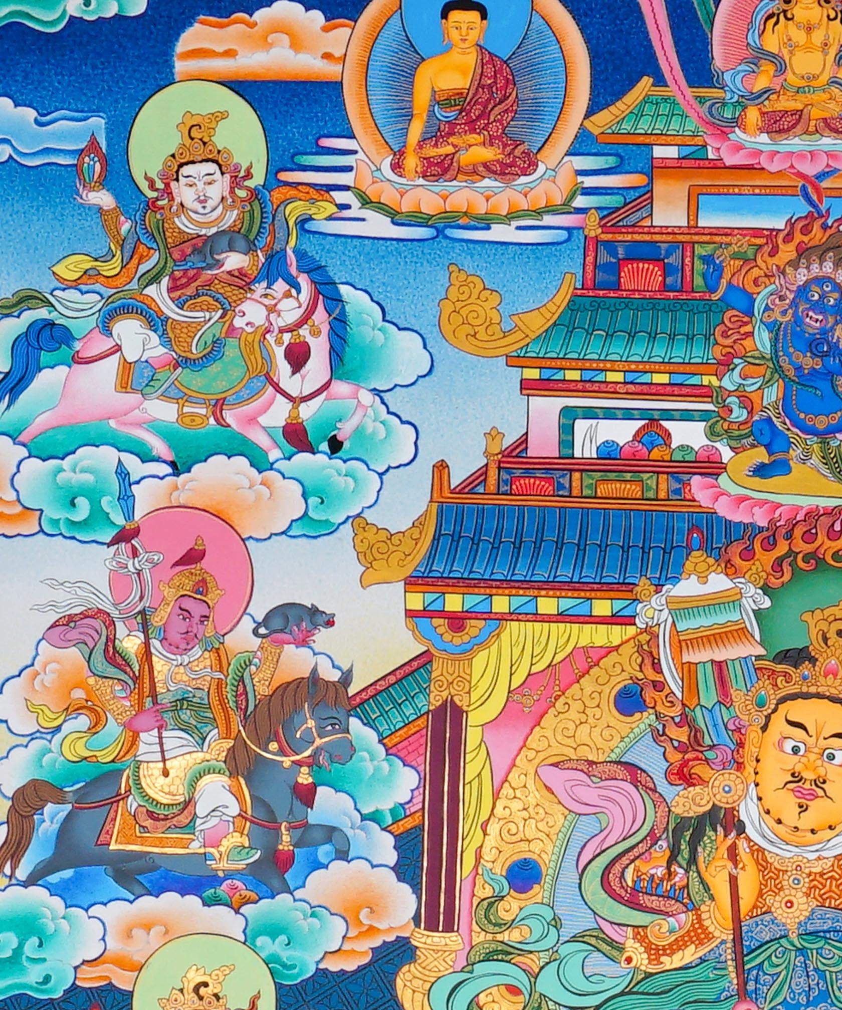 Singh Zambhala Thangka Painting showing a Tibetan Buddhist wealth deity seated with lion symbolism, surrounded by palace details, offering bowls, lotus petals, clouds, auspicious symbols and surrounding deity figures.