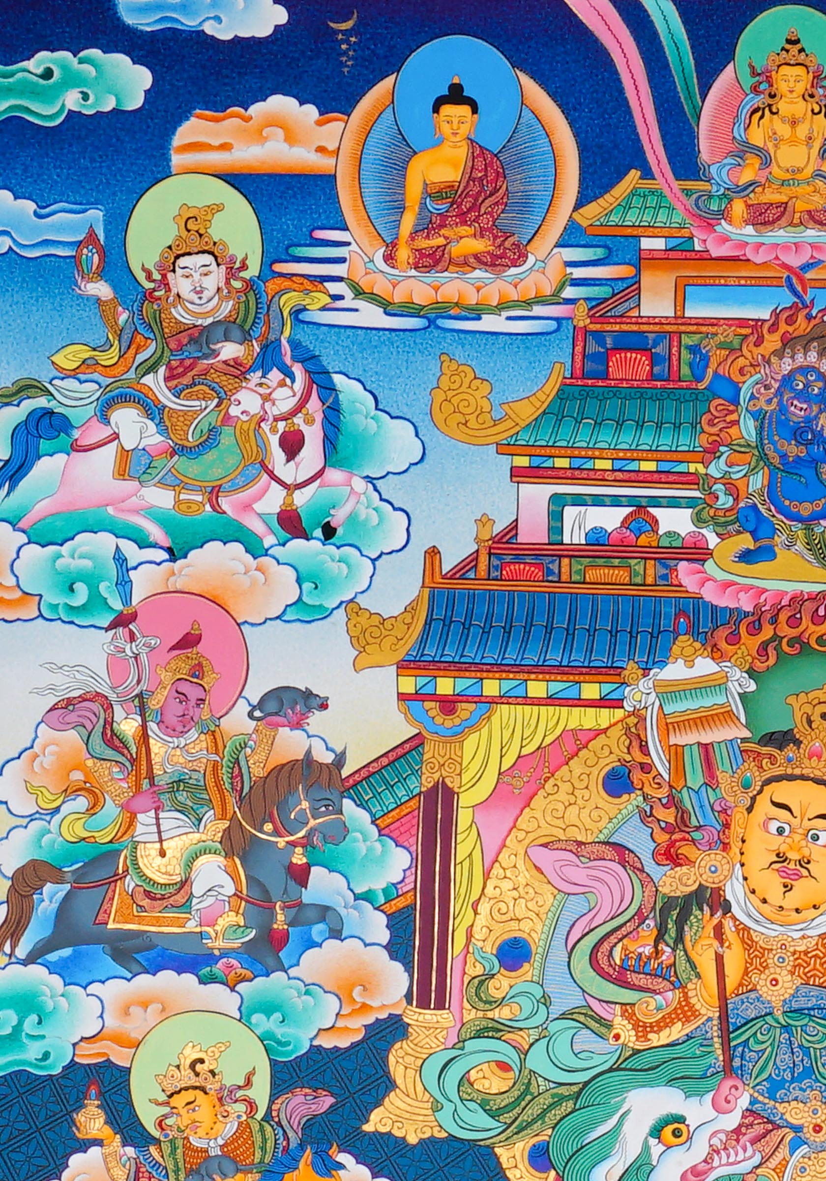 Singh Zambhala Thangka Painting showing a Tibetan Buddhist wealth deity seated with lion symbolism, surrounded by palace details, offering bowls, lotus petals, clouds, auspicious symbols and surrounding deity figures.