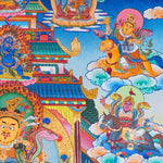 Singh Zambhala Thangka Painting showing a Tibetan Buddhist wealth deity seated with lion symbolism, surrounded by palace details, offering bowls, lotus petals, clouds, auspicious symbols and surrounding deity figures.