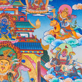 Singh Zambhala Thangka Painting showing a Tibetan Buddhist wealth deity seated with lion symbolism, surrounded by palace details, offering bowls, lotus petals, clouds, auspicious symbols and surrounding deity figures.