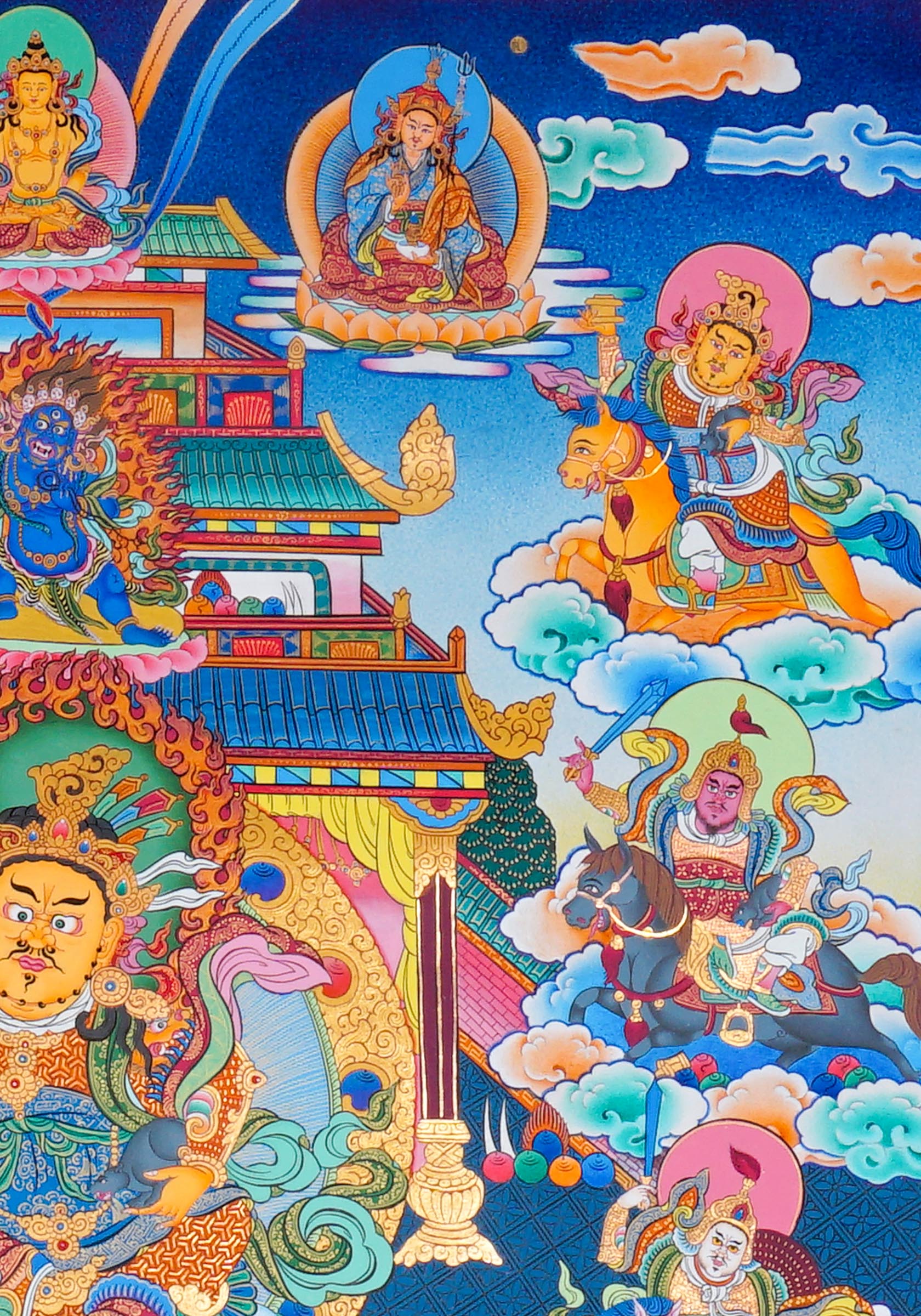 Singh Zambhala Thangka Painting showing a Tibetan Buddhist wealth deity seated with lion symbolism, surrounded by palace details, offering bowls, lotus petals, clouds, auspicious symbols and surrounding deity figures.