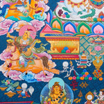 Singh Zambhala Thangka Painting showing a Tibetan Buddhist wealth deity seated with lion symbolism, surrounded by palace details, offering bowls, lotus petals, clouds, auspicious symbols and surrounding deity figures.