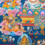 Singh Zambhala Thangka Painting showing a Tibetan Buddhist wealth deity seated with lion symbolism, surrounded by palace details, offering bowls, lotus petals, clouds, auspicious symbols and surrounding deity figures.