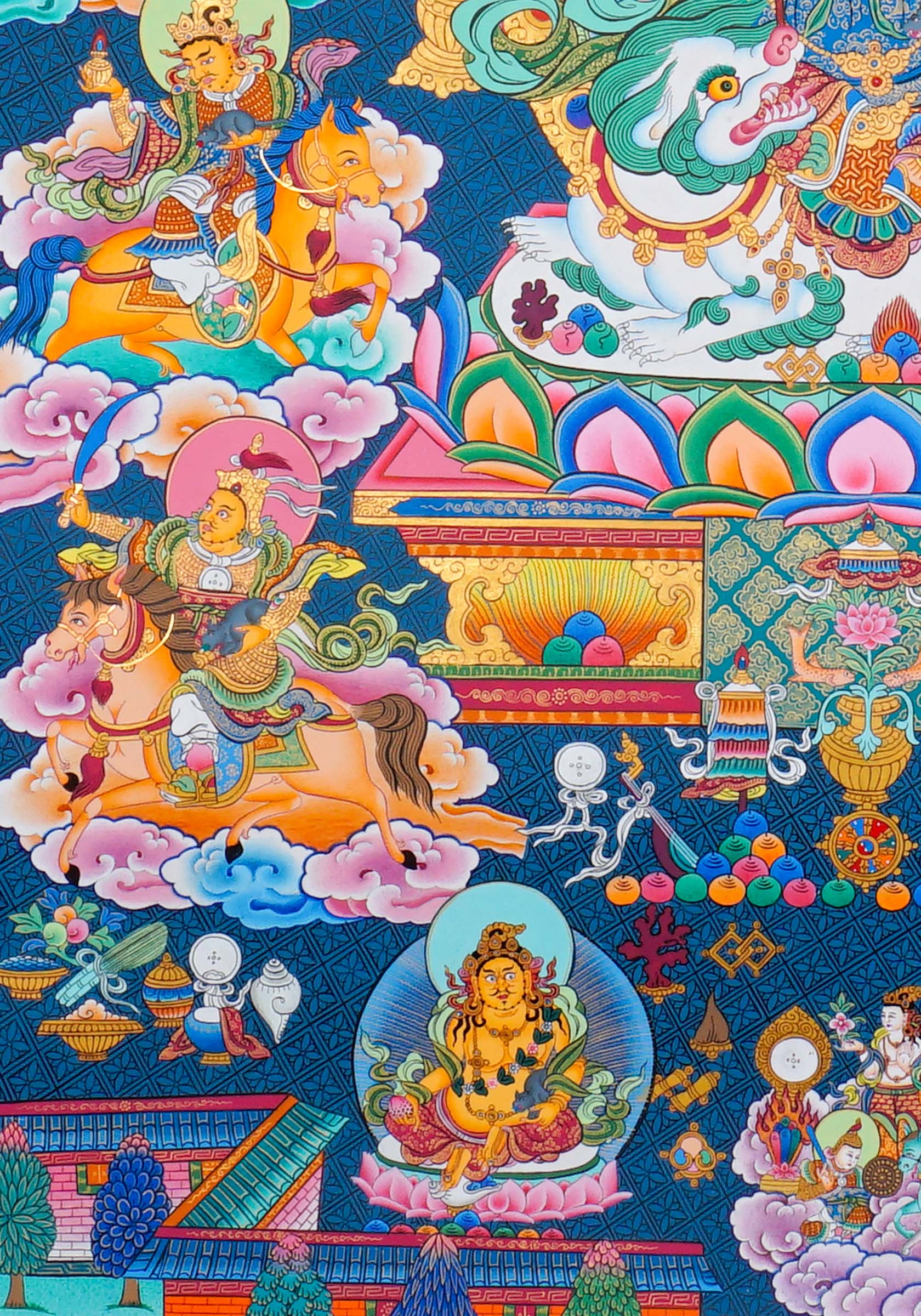 Singh Zambhala Thangka Painting showing a Tibetan Buddhist wealth deity seated with lion symbolism, surrounded by palace details, offering bowls, lotus petals, clouds, auspicious symbols and surrounding deity figures.
