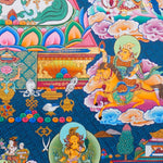 Singh Zambhala Thangka Painting showing a Tibetan Buddhist wealth deity seated with lion symbolism, surrounded by palace details, offering bowls, lotus petals, clouds, auspicious symbols and surrounding deity figures.