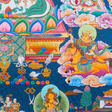 Singh Zambhala Thangka Painting showing a Tibetan Buddhist wealth deity seated with lion symbolism, surrounded by palace details, offering bowls, lotus petals, clouds, auspicious symbols and surrounding deity figures.