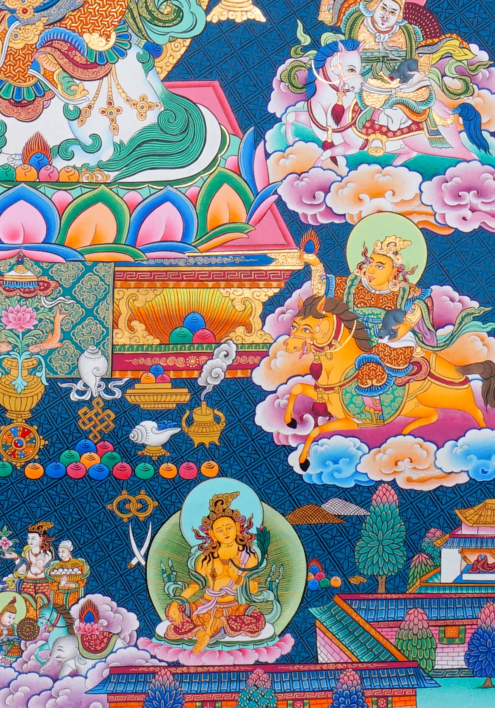 Singh Zambhala Thangka Painting showing a Tibetan Buddhist wealth deity seated with lion symbolism, surrounded by palace details, offering bowls, lotus petals, clouds, auspicious symbols and surrounding deity figures.