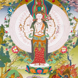 Thousand-Armed Avalokiteshvara Thangka standing on lotus throne