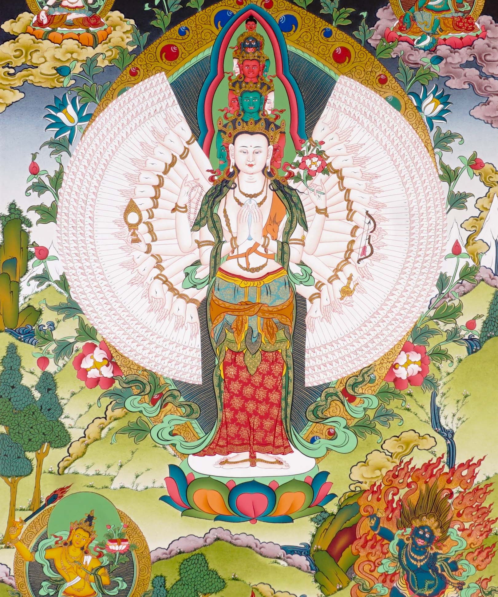 Thousand-Armed Avalokiteshvara Thangka standing on lotus throne