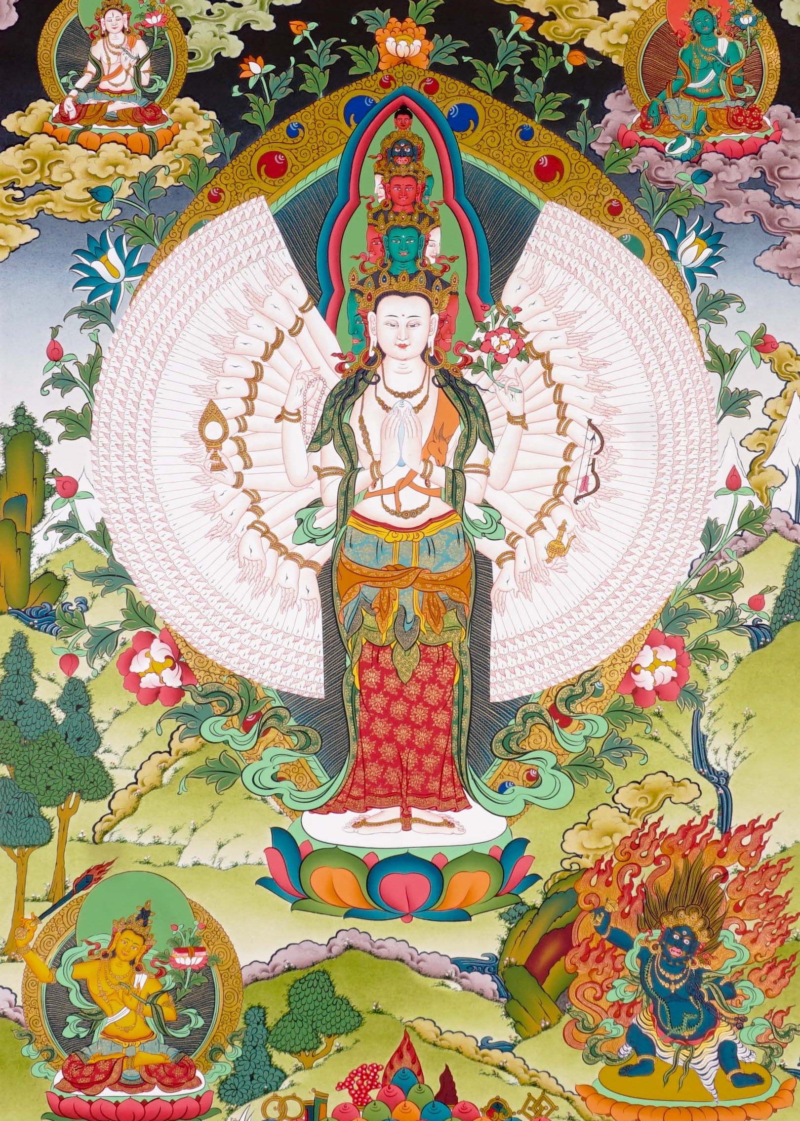 Thousand-Armed Avalokiteshvara Thangka standing on lotus throne
