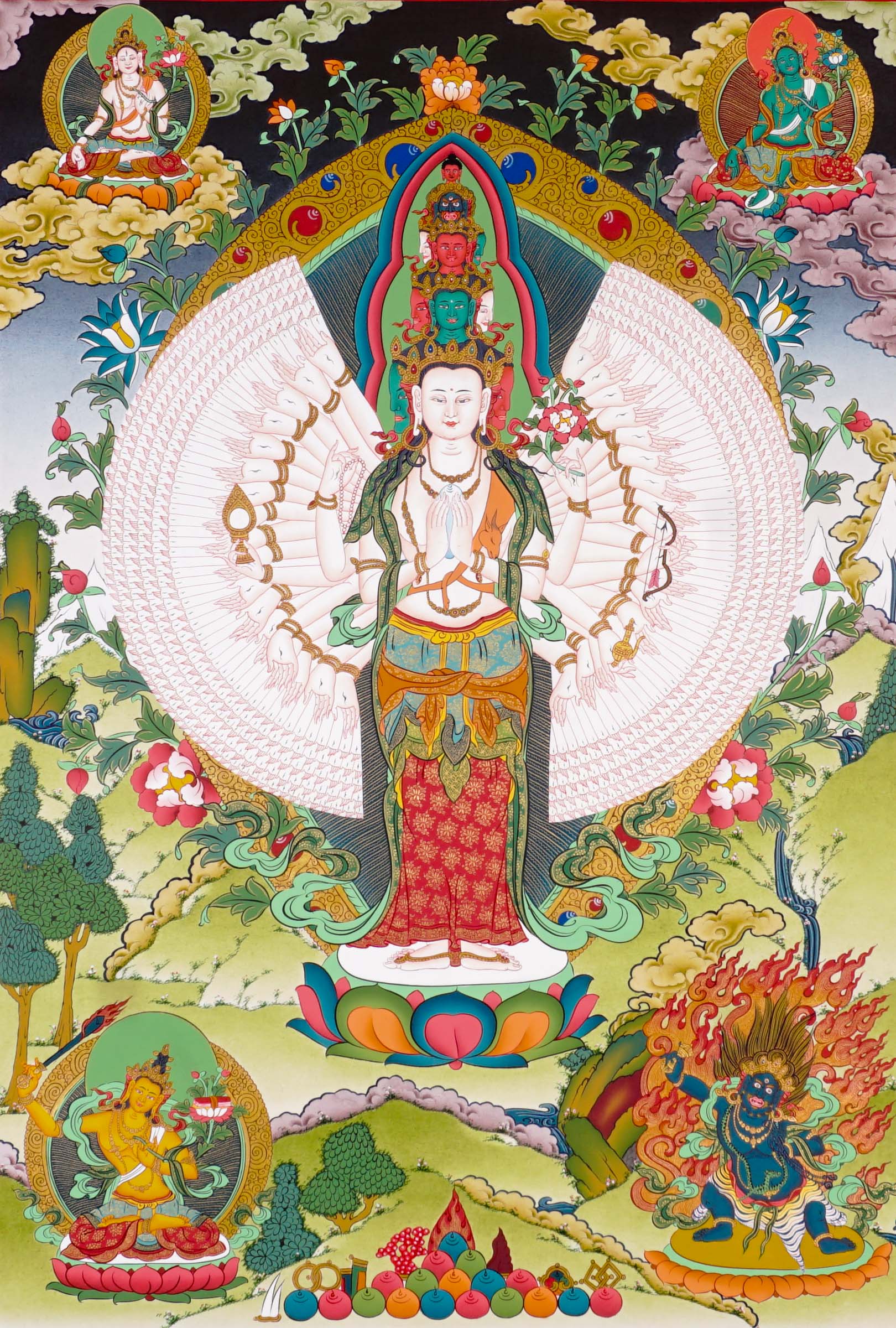 Thousand-Armed Avalokiteshvara Thangka standing on lotus throne