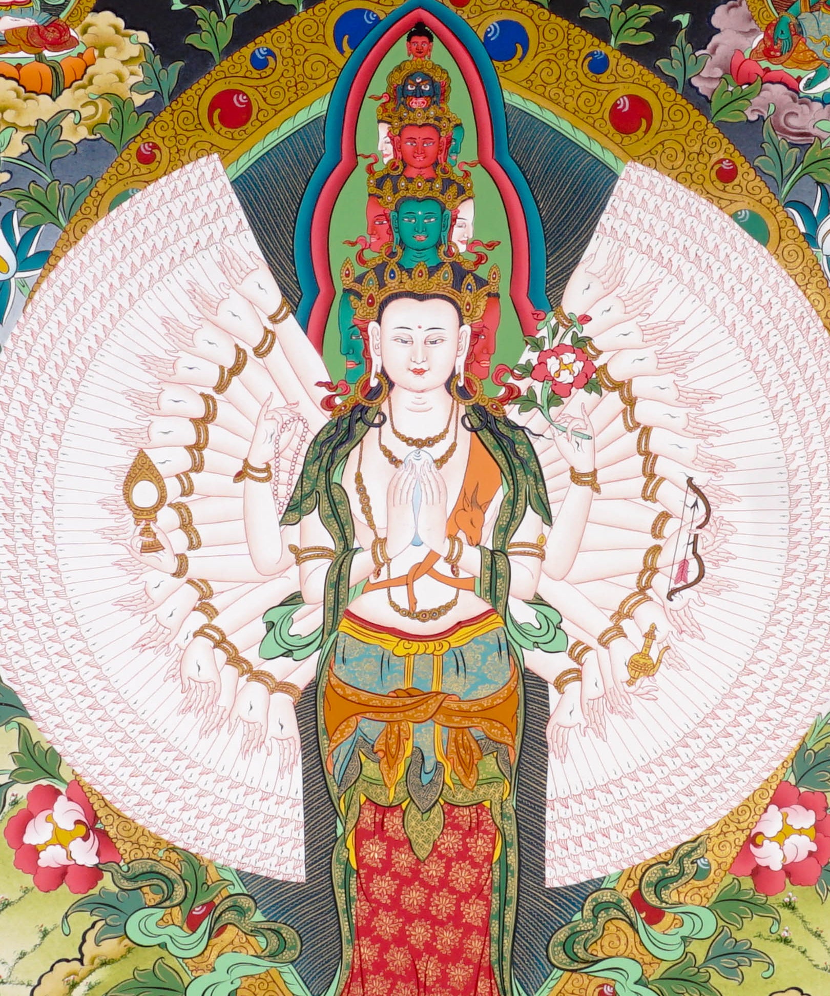 Thousand-Armed Avalokiteshvara Thangka standing on lotus throne