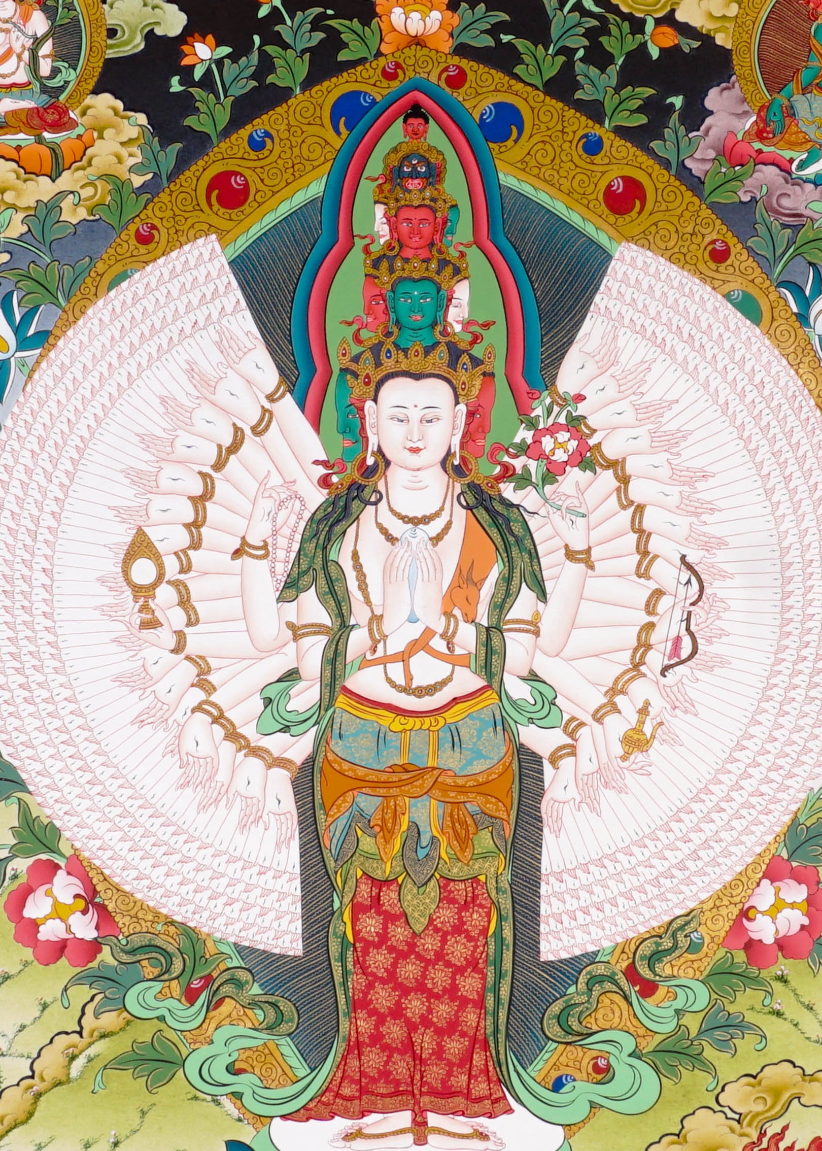 Thousand-Armed Avalokiteshvara Thangka standing on lotus throne