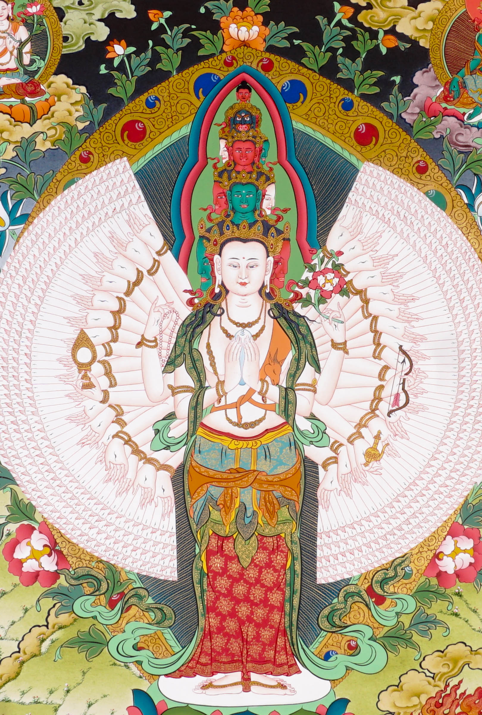 Thousand-Armed Avalokiteshvara Thangka standing on lotus throne