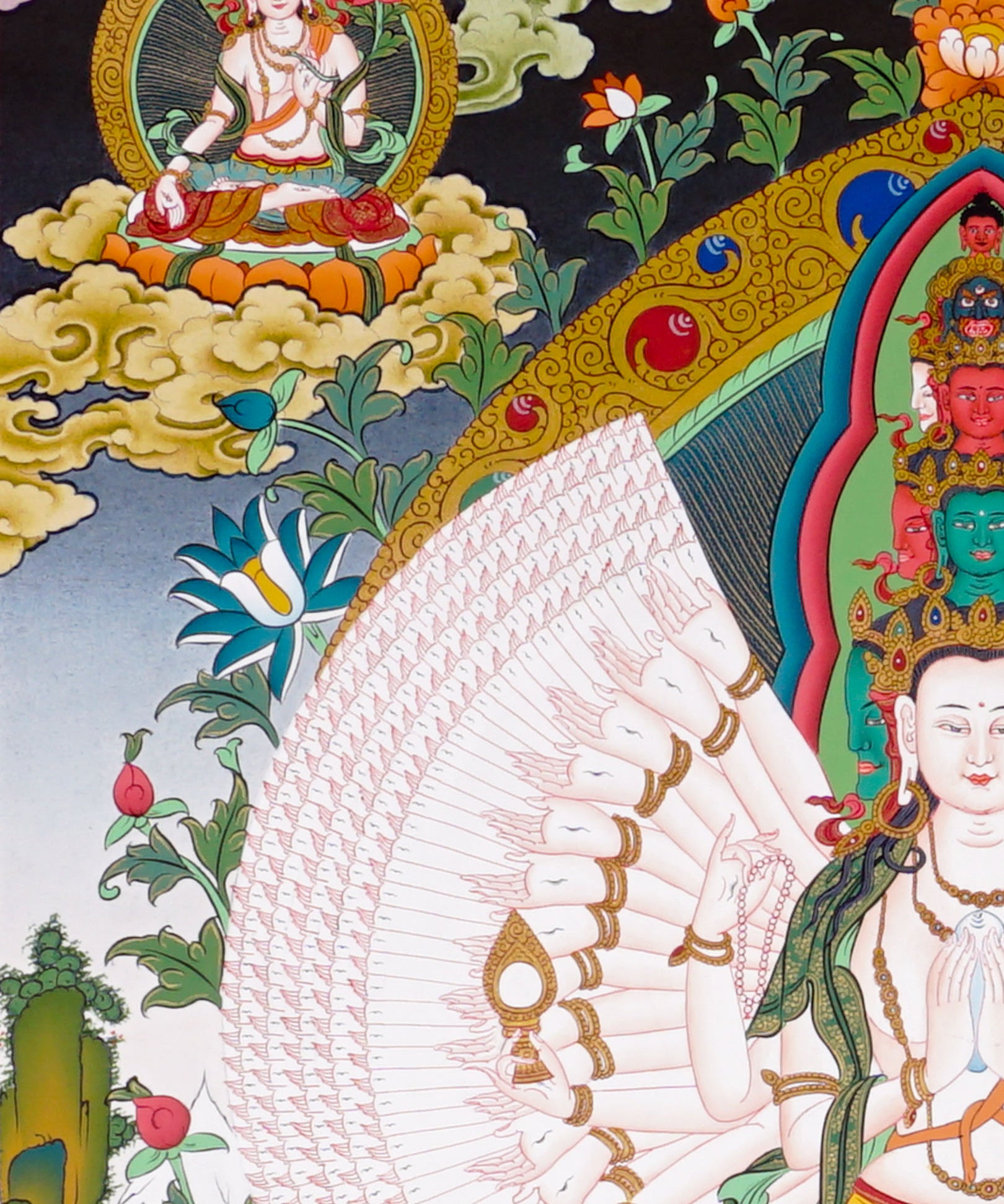 Thousand-Armed Avalokiteshvara Thangka standing on lotus throne