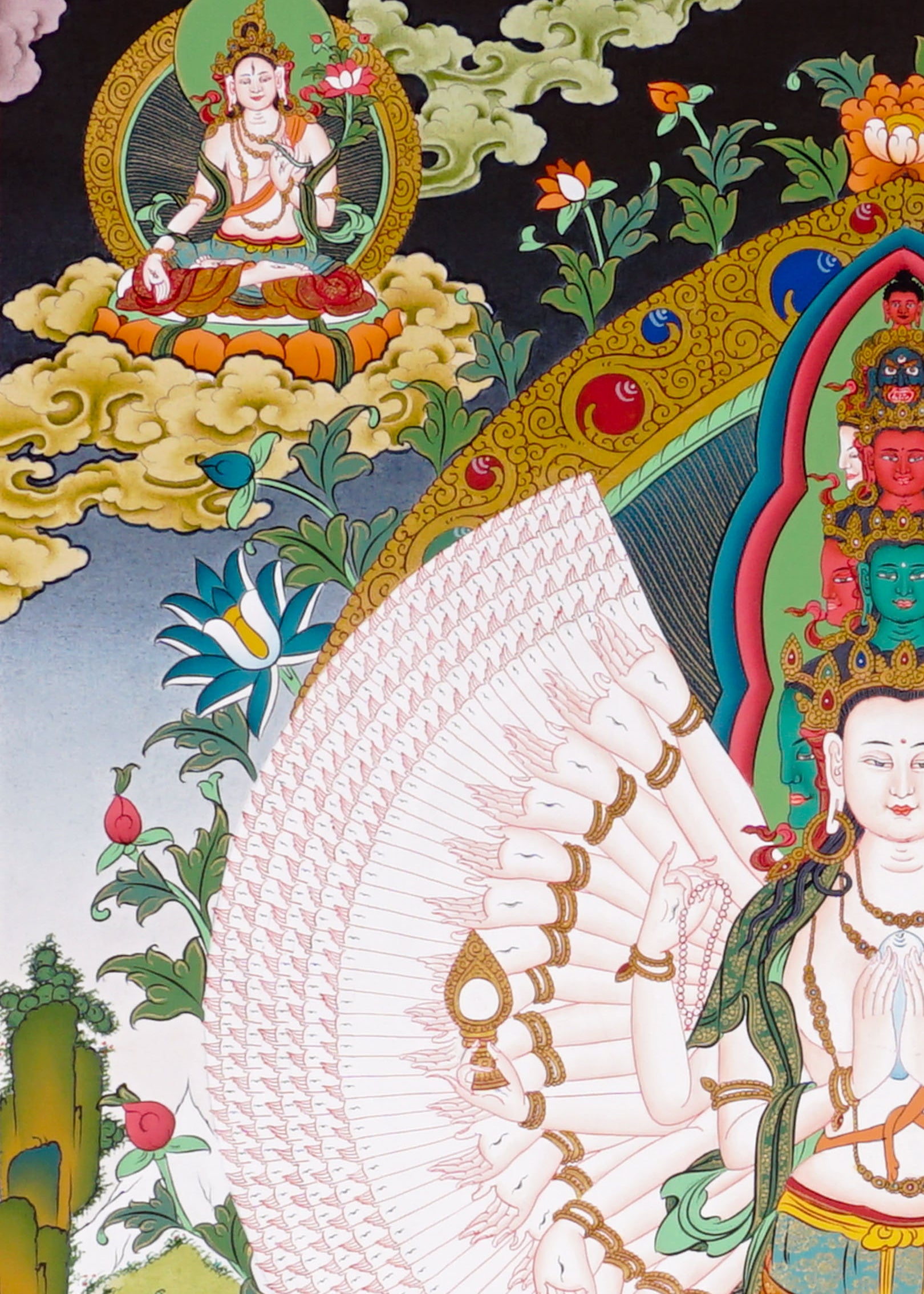 Thousand-Armed Avalokiteshvara Thangka standing on lotus throne