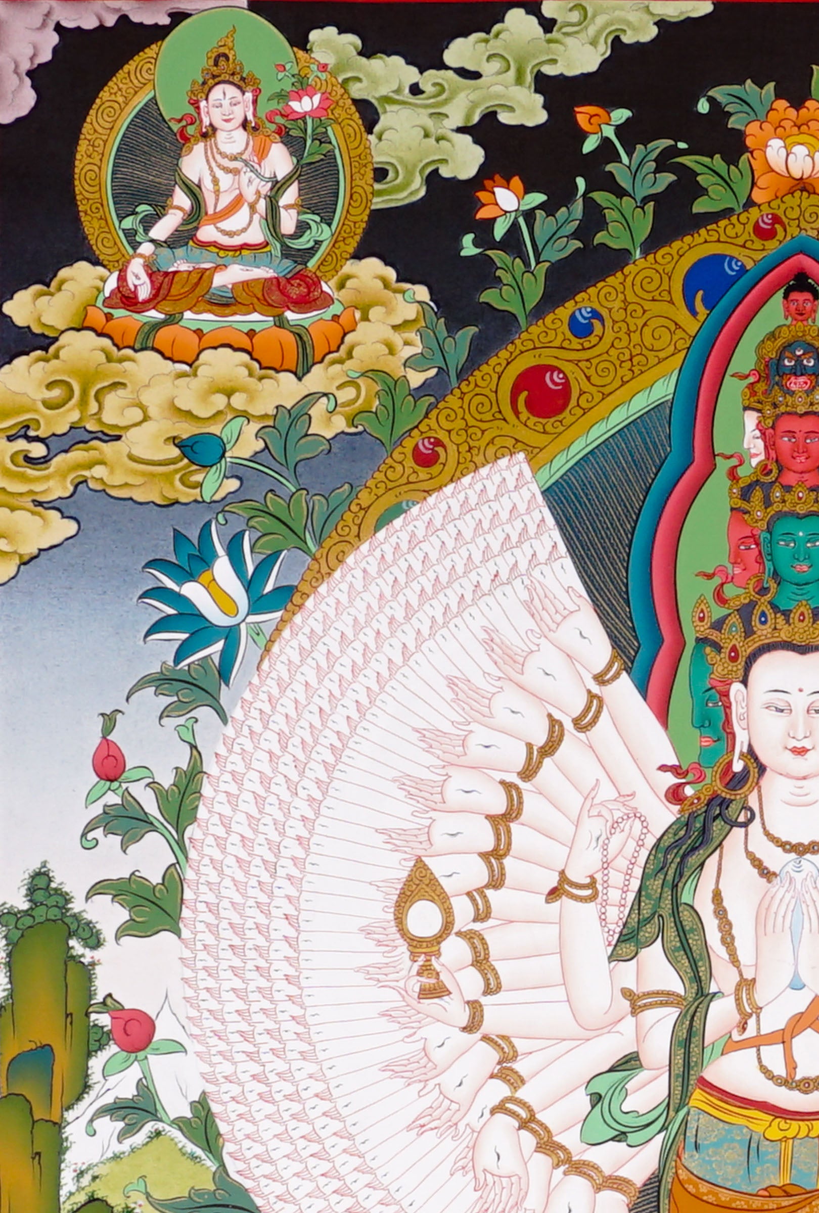 Thousand-Armed Avalokiteshvara Thangka standing on lotus throne