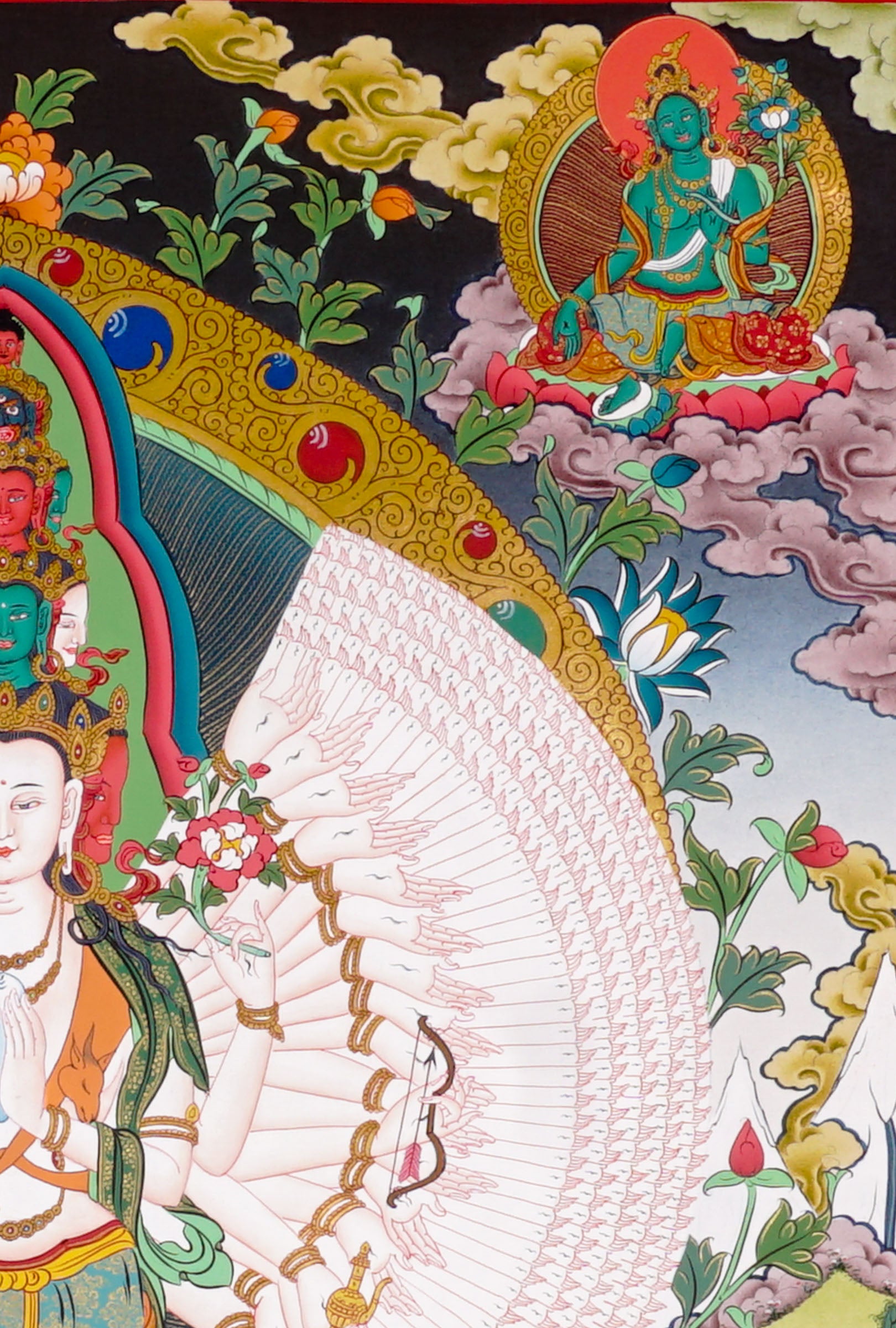 Thousand-Armed Avalokiteshvara Thangka standing on lotus throne