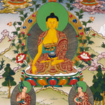 Shakyamuni Buddha thangka artwork with attendants and sacred landscape