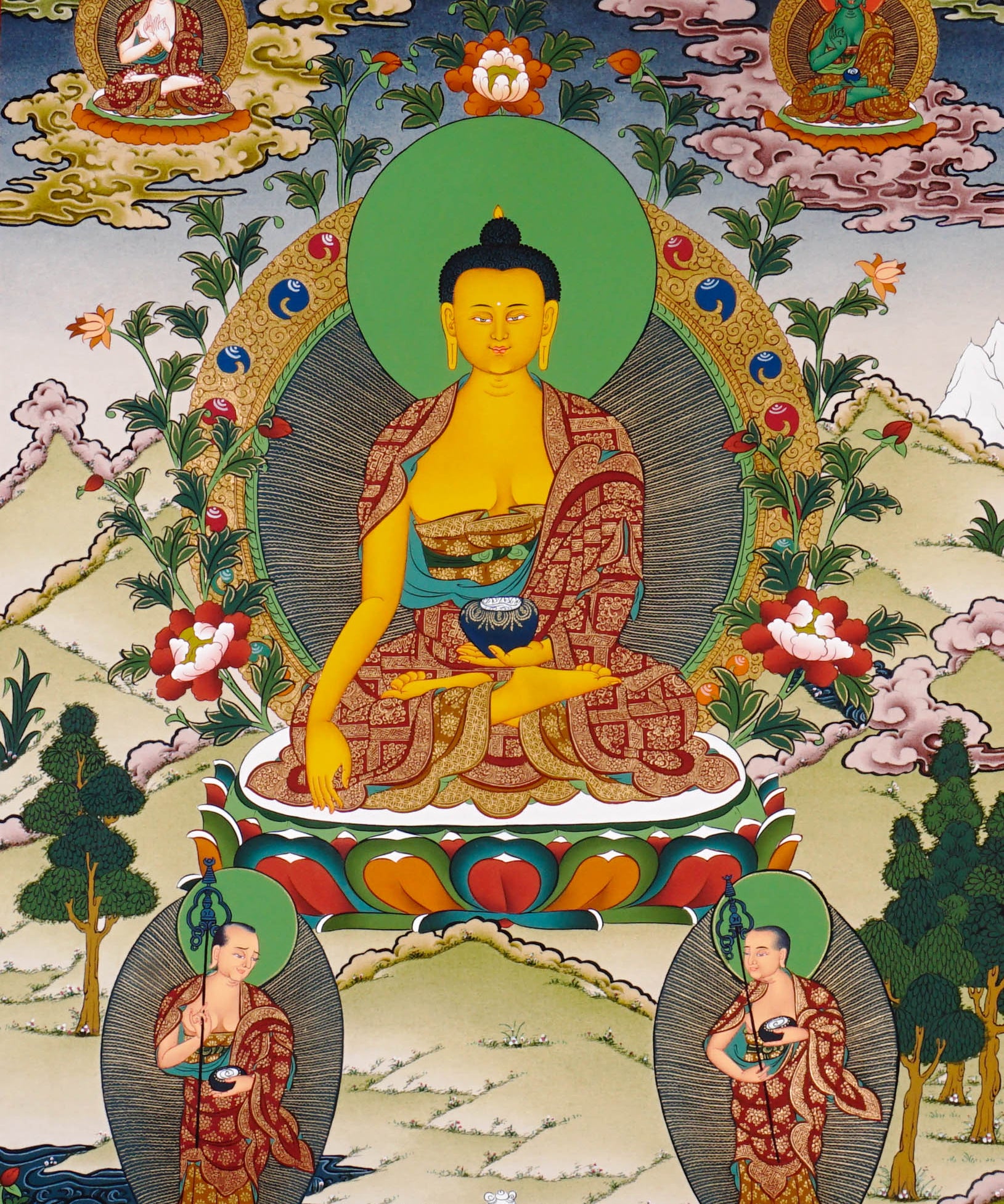 Shakyamuni Buddha thangka artwork with attendants and sacred landscape