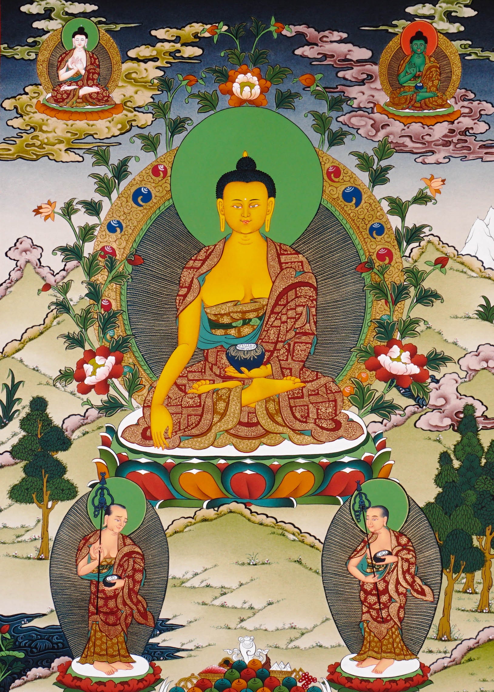 Shakyamuni Buddha thangka artwork with attendants and sacred landscape