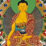 Shakyamuni Buddha thangka artwork with attendants and sacred landscape