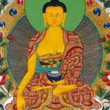 Shakyamuni Buddha thangka artwork with attendants and sacred landscape