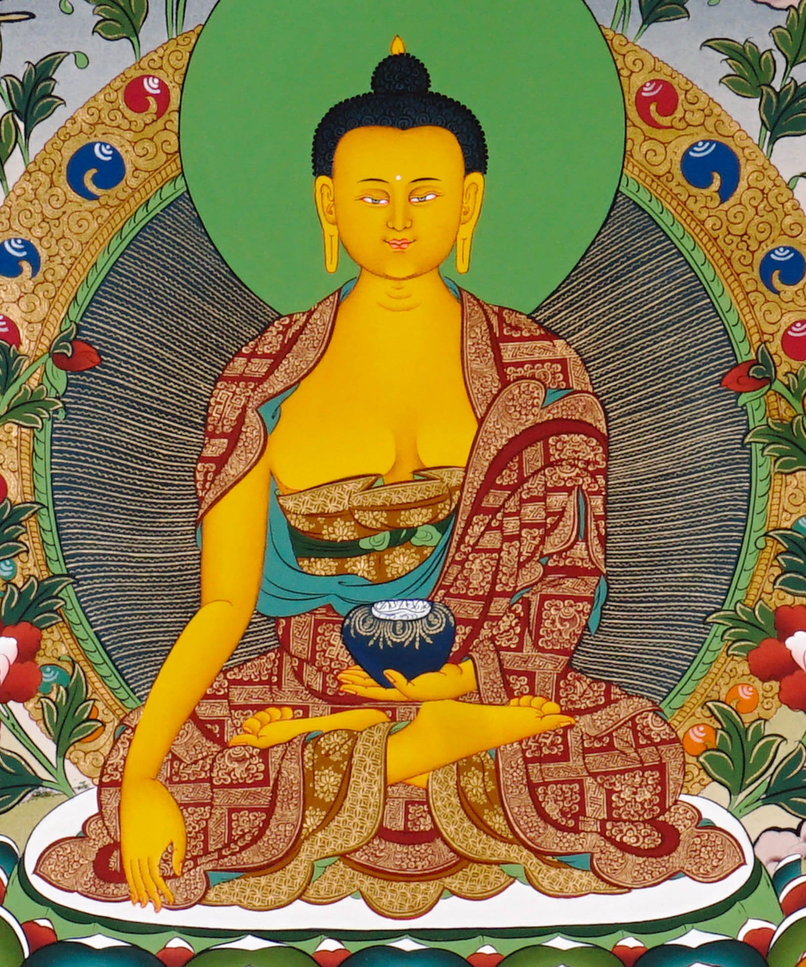 Shakyamuni Buddha thangka artwork with attendants and sacred landscape