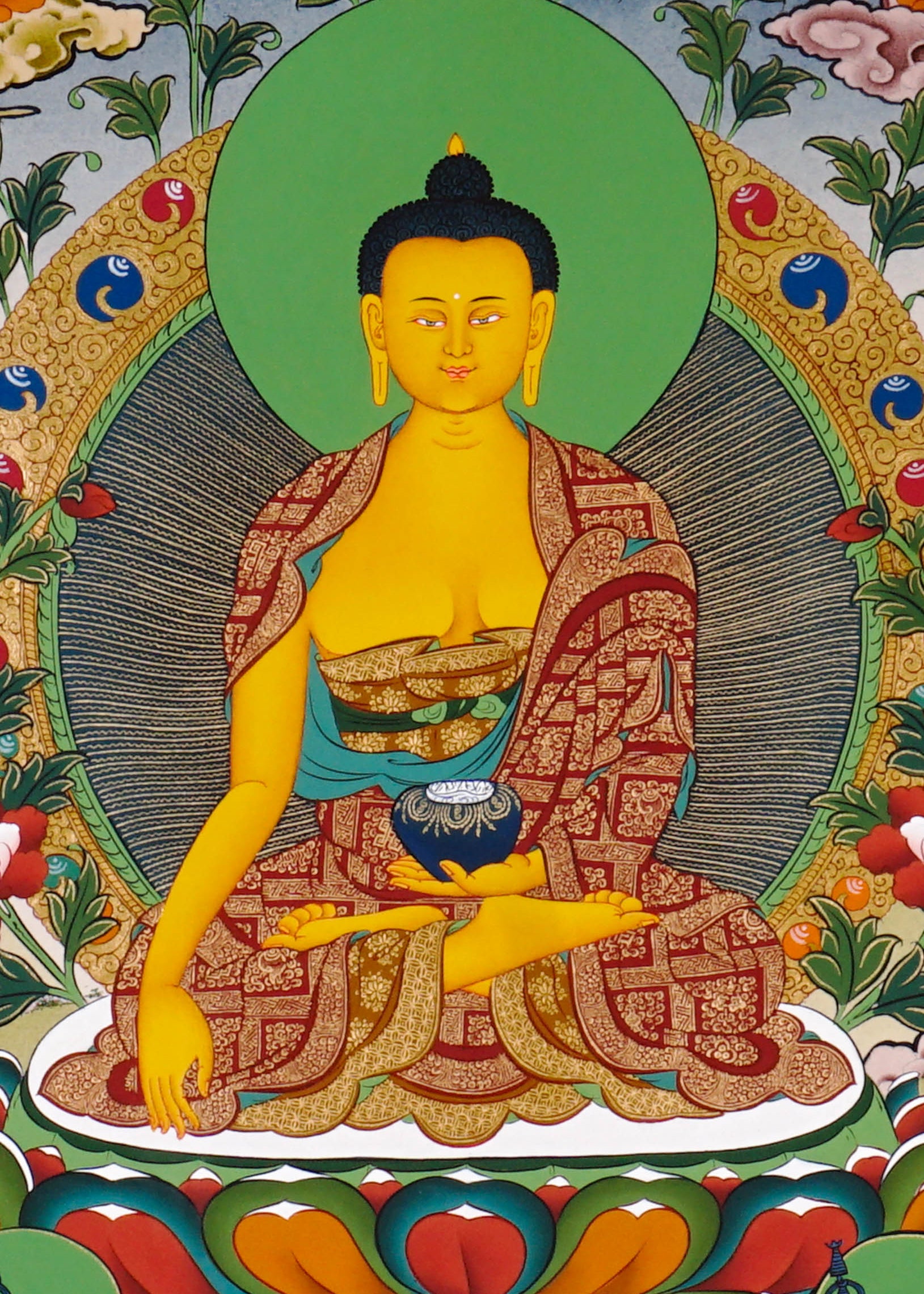 Shakyamuni Buddha thangka artwork with attendants and sacred landscape