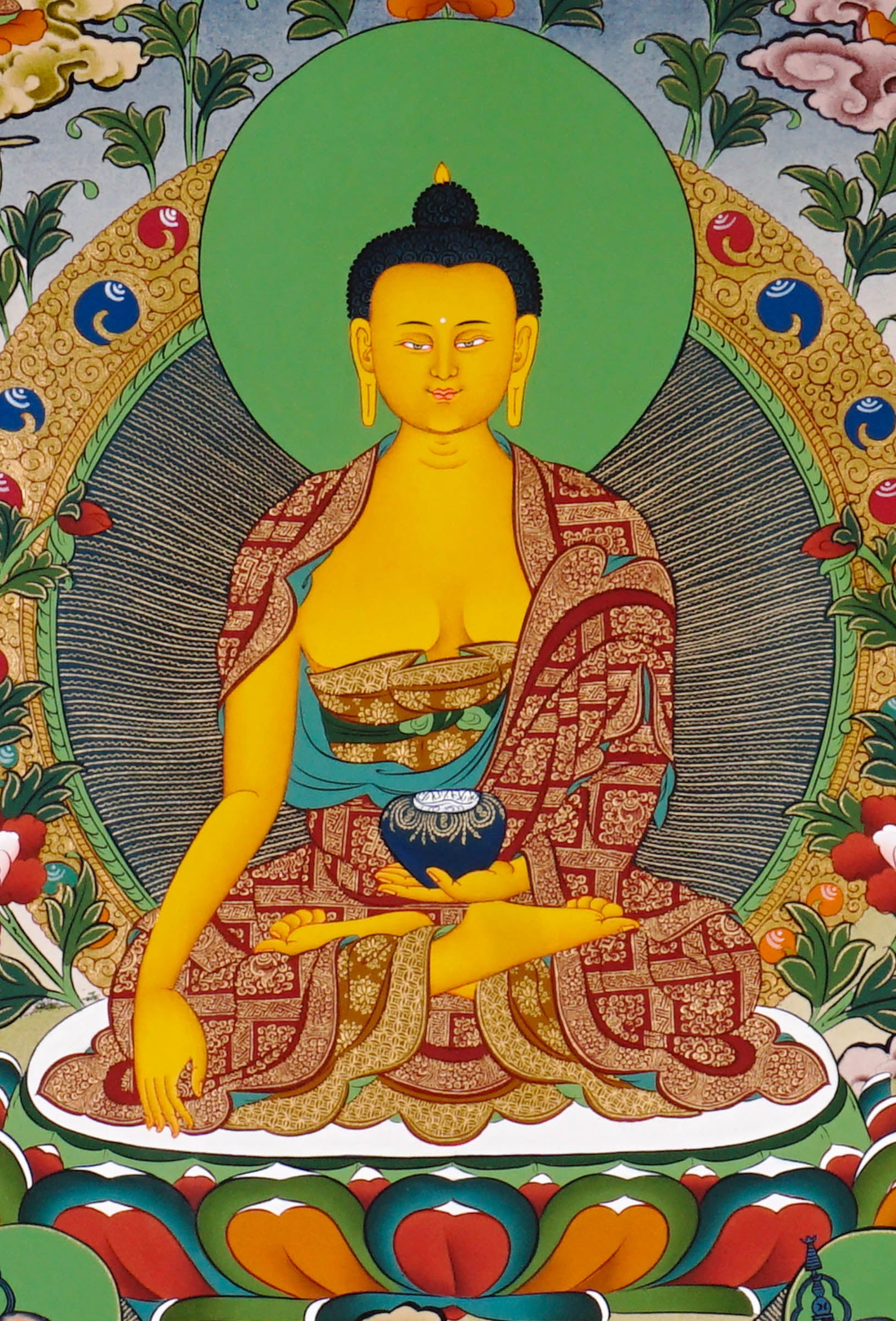 Shakyamuni Buddha thangka artwork with attendants and sacred landscape