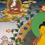 Shakyamuni Buddha thangka artwork with attendants and sacred landscape