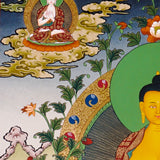 Shakyamuni Buddha thangka artwork with attendants and sacred landscape