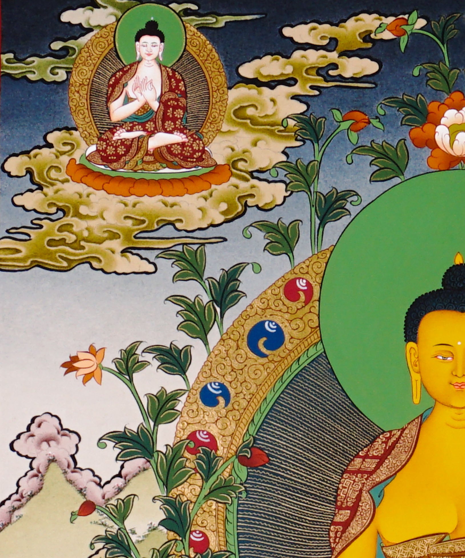 Shakyamuni Buddha thangka artwork with attendants and sacred landscape