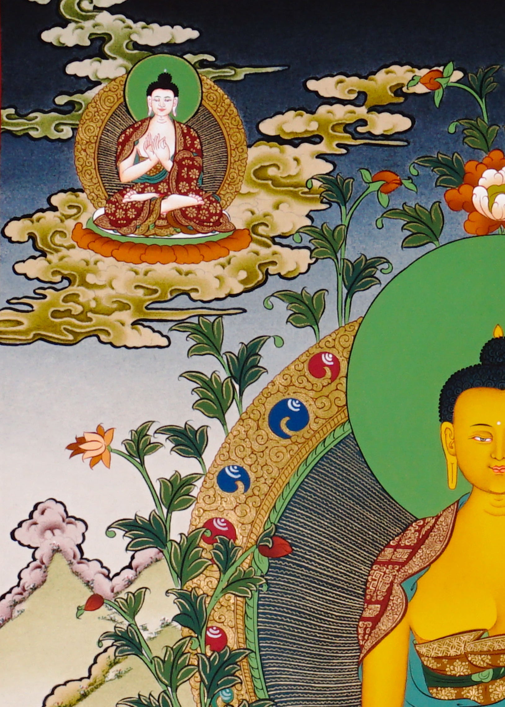 Shakyamuni Buddha thangka artwork with attendants and sacred landscape