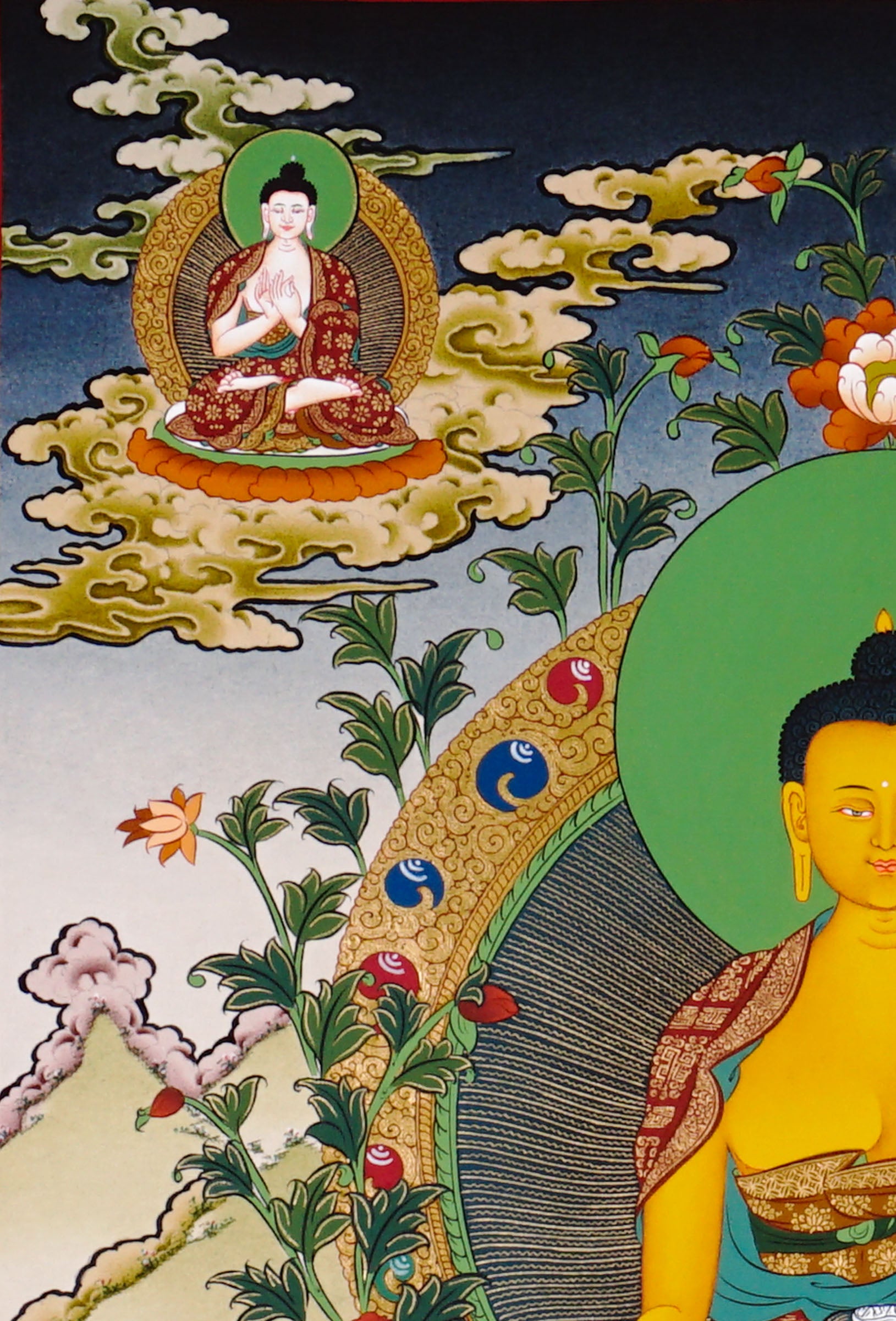 Shakyamuni Buddha thangka artwork with attendants and sacred landscape