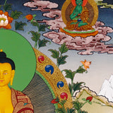 Shakyamuni Buddha thangka artwork with attendants and sacred landscape