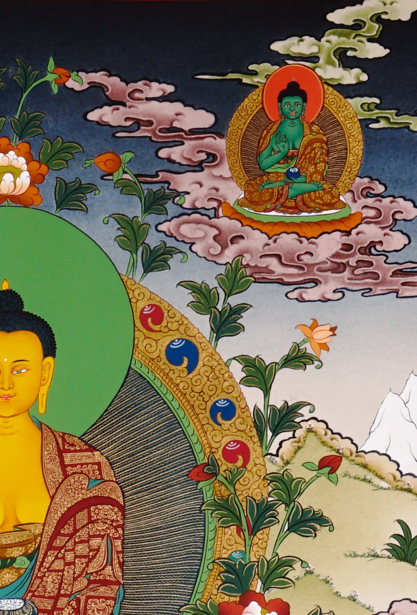 Shakyamuni Buddha thangka artwork with attendants and sacred landscape