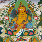 Yellow Zambhala Buddhist prosperity thangka with jewel-spitting mongoose
