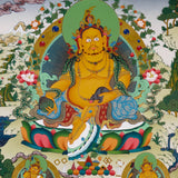 Yellow Zambhala Buddhist prosperity thangka with jewel-spitting mongoose