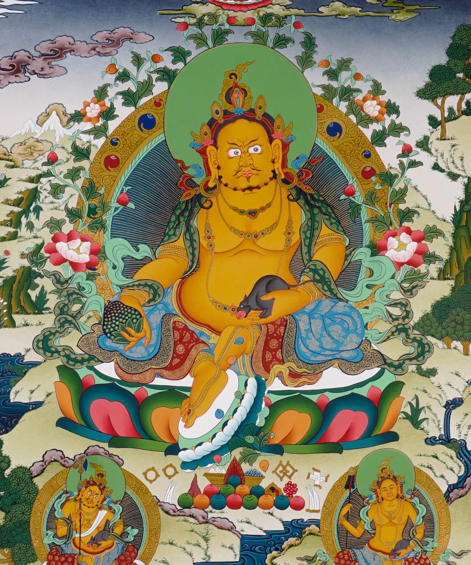 Yellow Zambhala Buddhist prosperity thangka with jewel-spitting mongoose